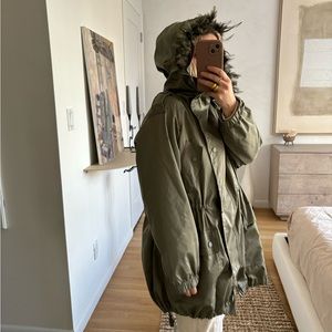 Max Mara Weekend  Khaki Green Parka With Detachable Feather Hood Size Small